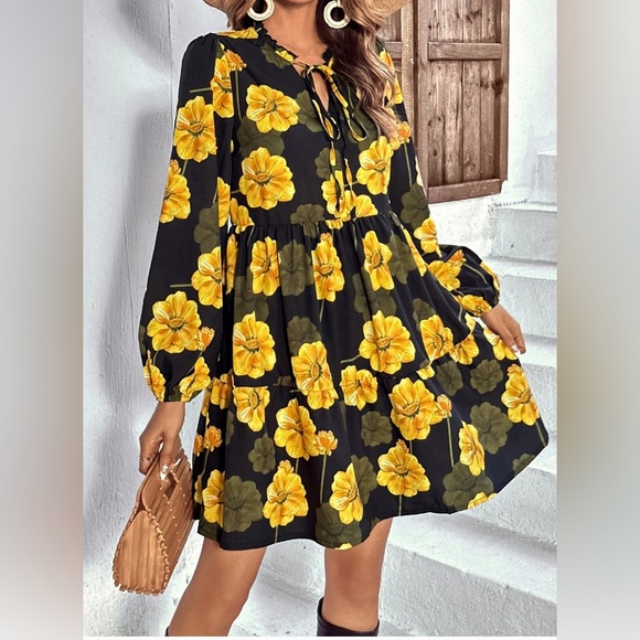 Floral Print Tie Neck Lantern Sleeve Ruffle Hem Smock Dress - Picture 2 of 7